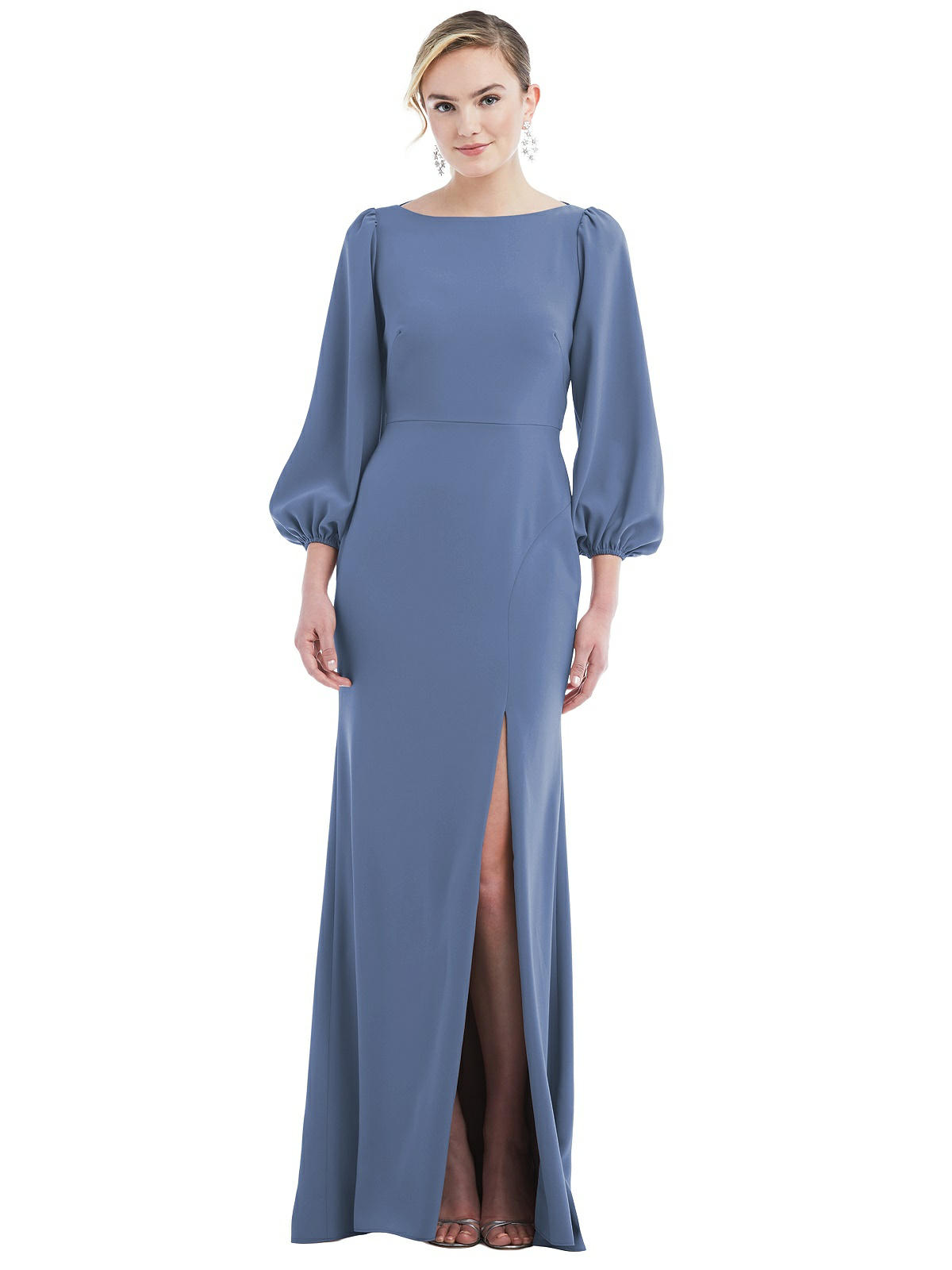 Bishop Sleeve Open-Back Trumpet Dusty Blue Bridesmaid Dress with Scarf Tie