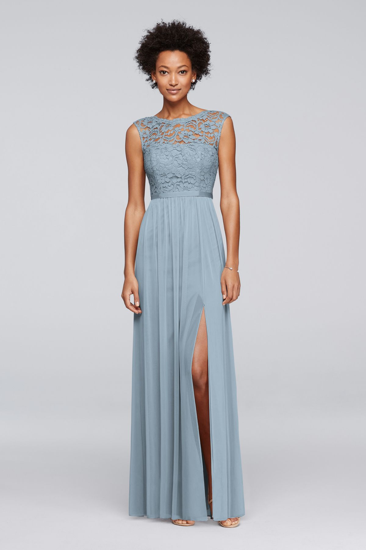 Dusty blue bridesmaid dress long lace and tulle