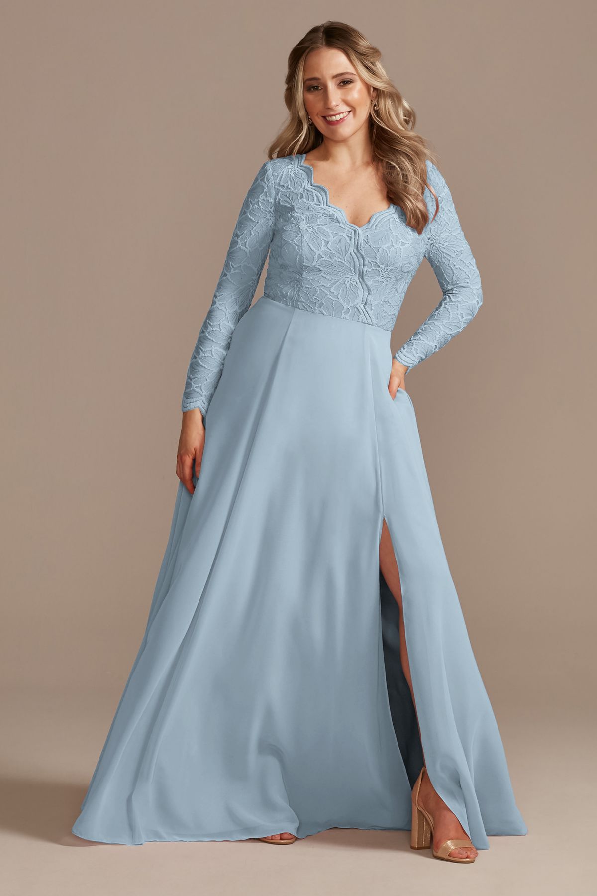 Lace Chiffon Long-Sleeve Long Dusty Blue Bridesmaid Dress