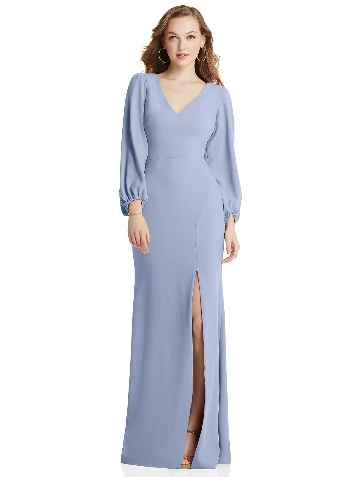 Long Puff Sleeve V-Neck Trumpet Dusty Blue Bridesmaid Dresses