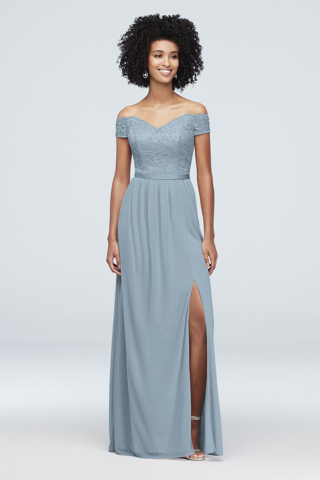 Off-the-Shoulder Lace and Mesh Dusty Blue Bridesmaid Dress