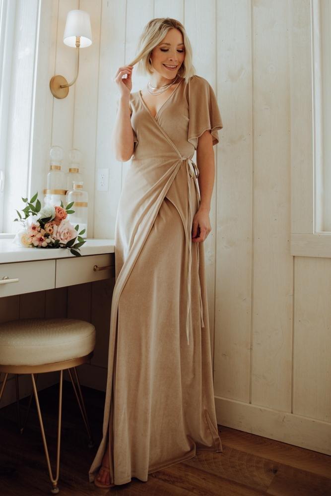 Top 30 Champagne Bridesmaid Dresses for 2024 10 meghan velvet wrap maxi dress champagne wedding guest dress champagne bridesmaid dresses