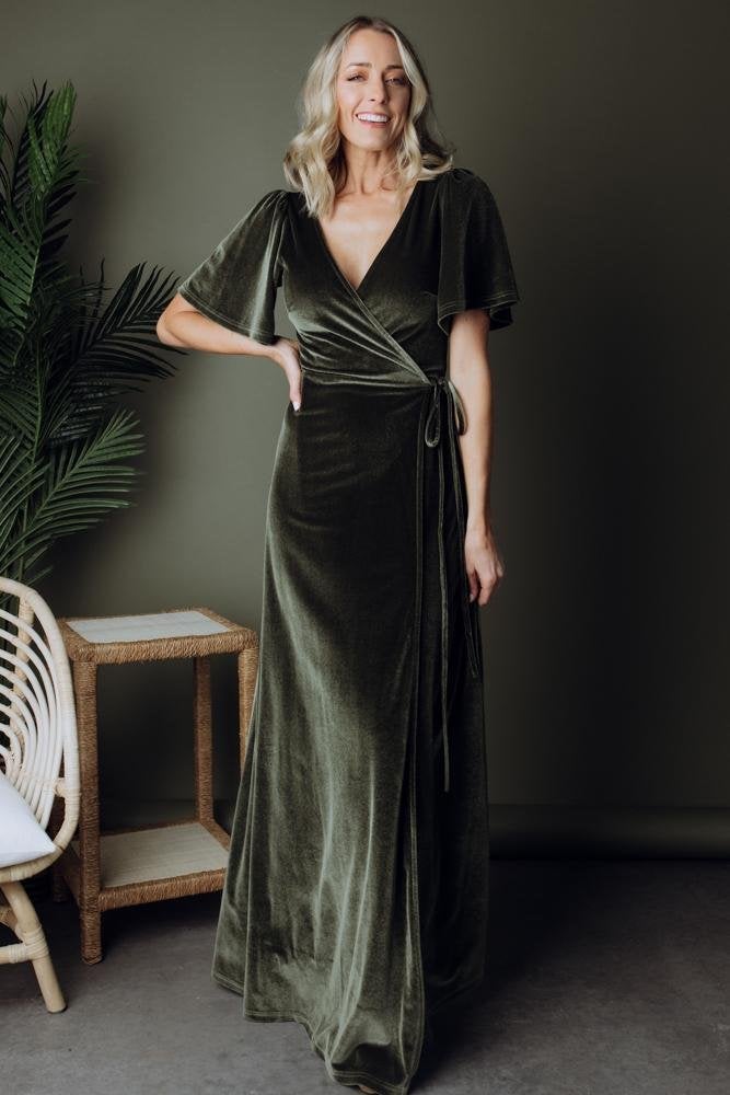 Olive Green Meghan Velvet Wrap Maxi Dress