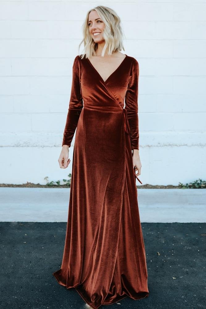 bronze esmerelda velvet wrap maxi dress
