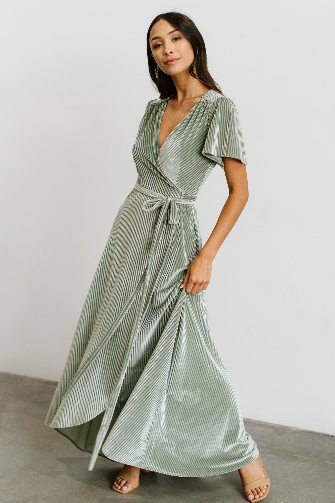 dusty sage andi ribbed velvet wrap dress