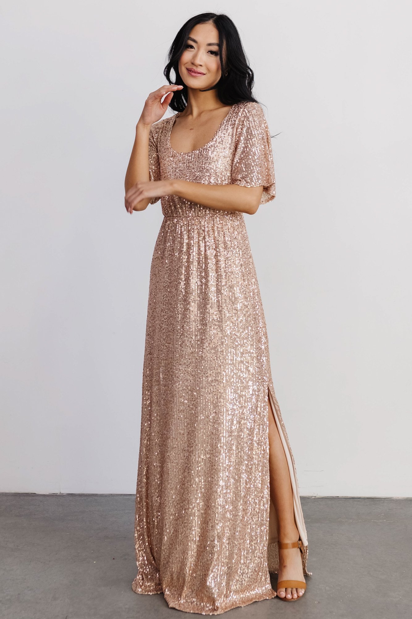 gatsby sequin gown rose gold long wedding guest dresses