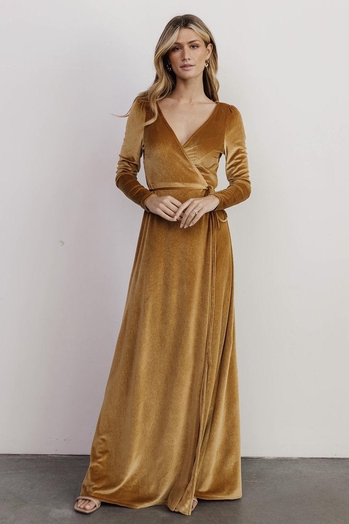 gold esmerelda velvet wrap maxi dress