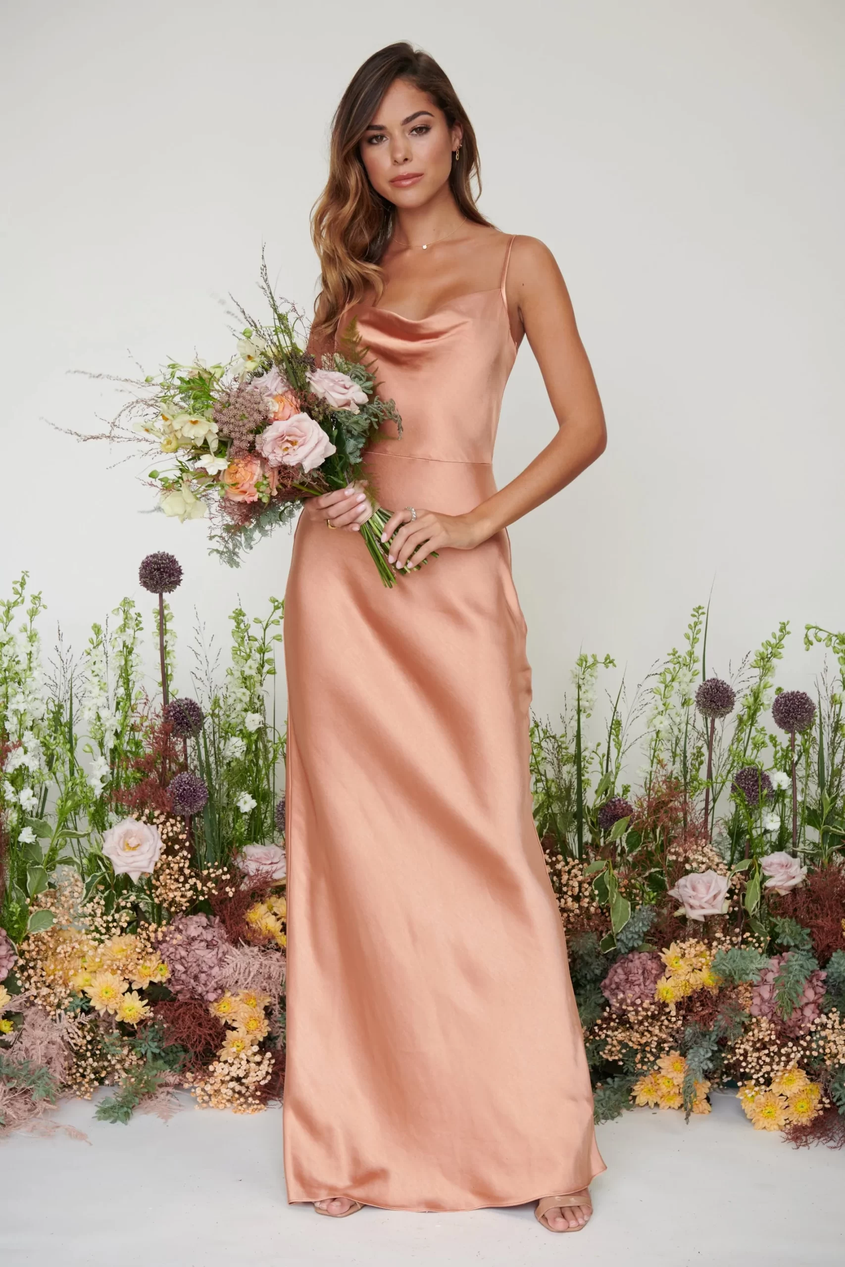 rose gold bridesmaid dresses midi satin