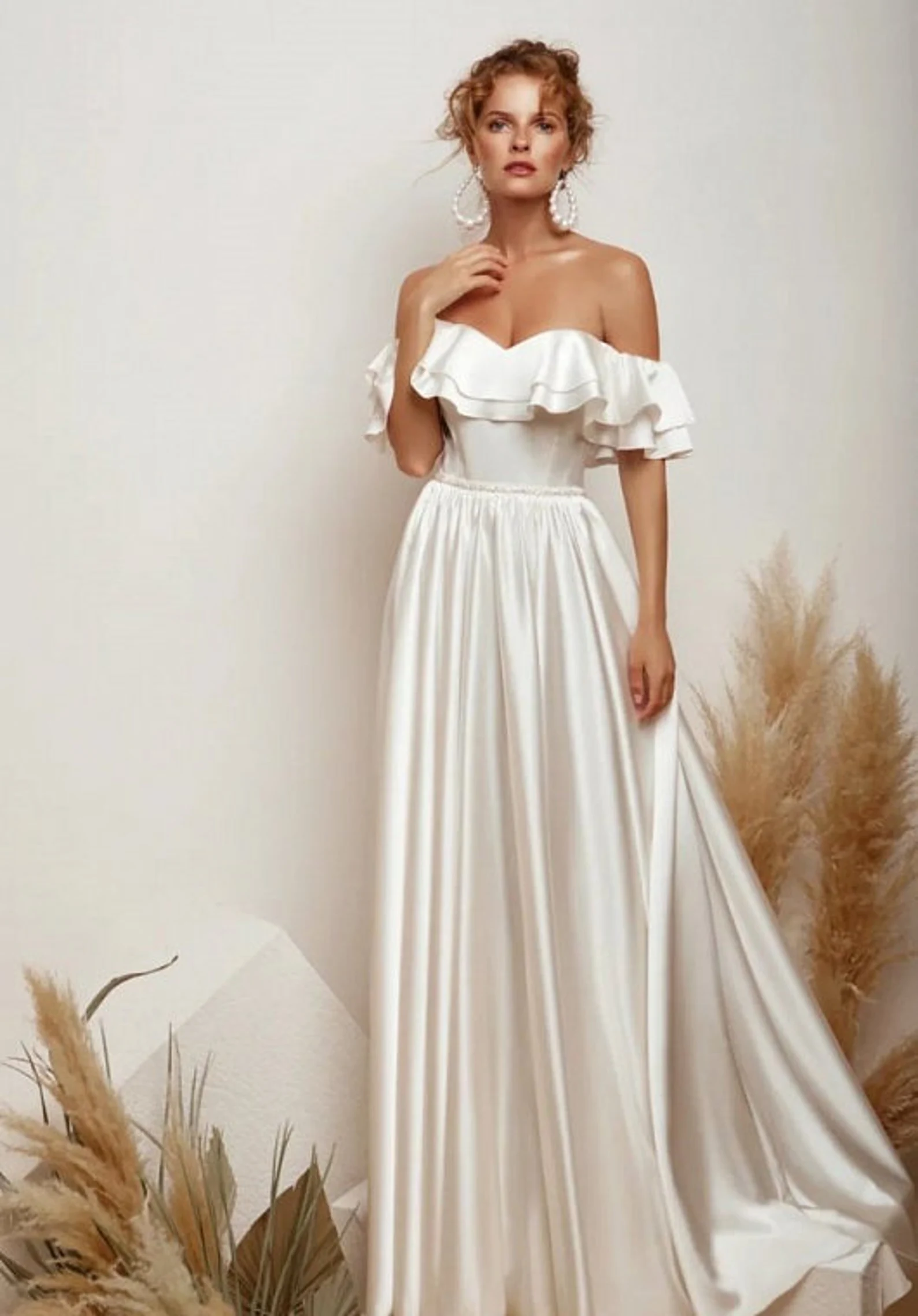 Boho ALine Off The Shoulder Open Back Sleeveless Strapless Exposed Shoulders Wedding Dress