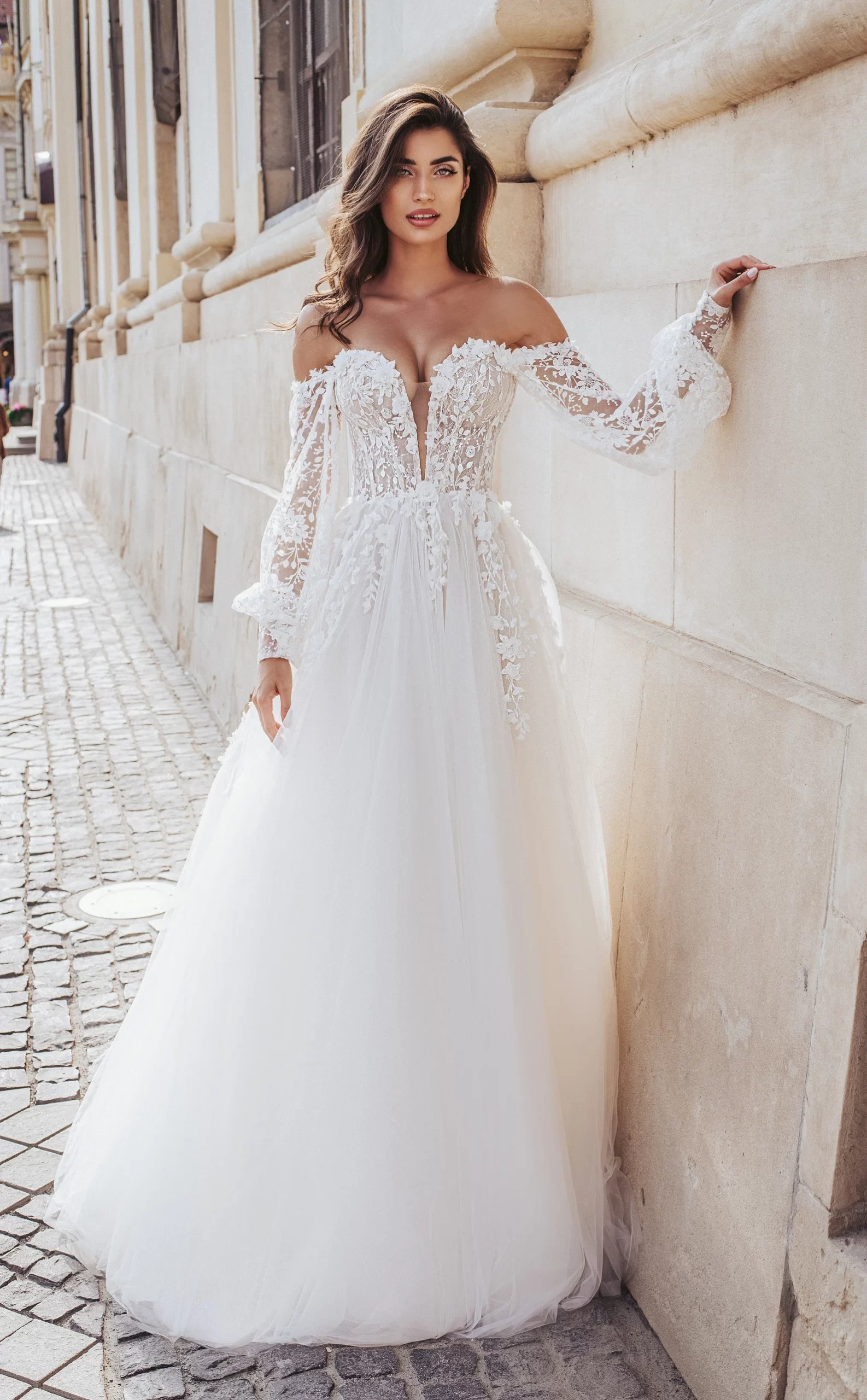 Off the shoulder A-line long sleeve lace wedding dress