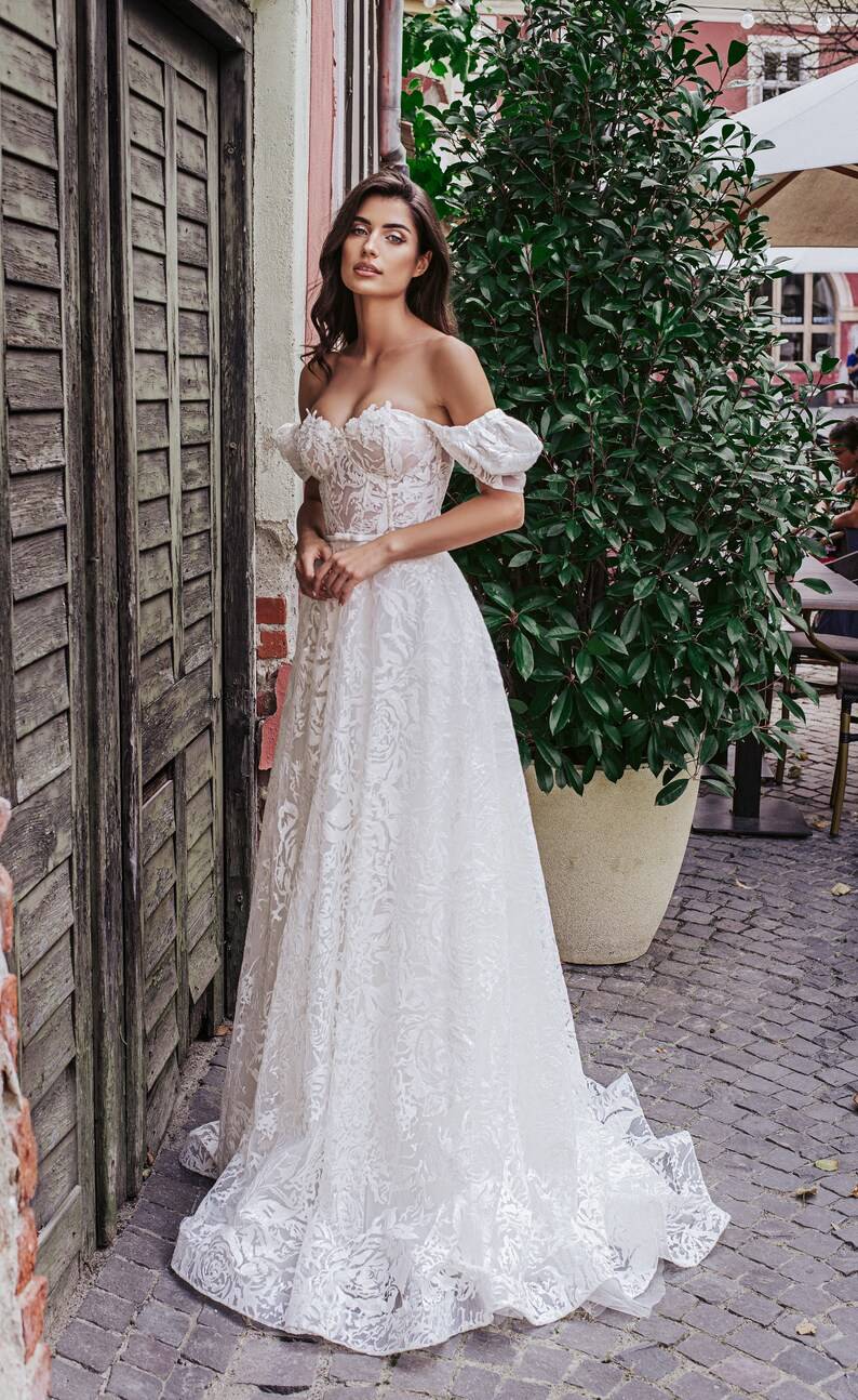 bohemian lace off the shoulder wedding dress