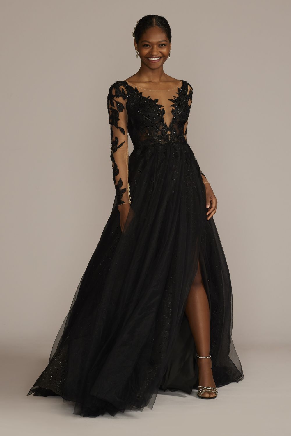 Black Illusion Long Sleeve Lace Appliqued Wedding Dress