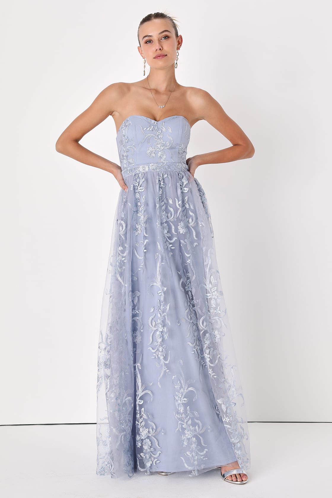 Blue Embroidered Strapless Maxi Wedding Guest Dress