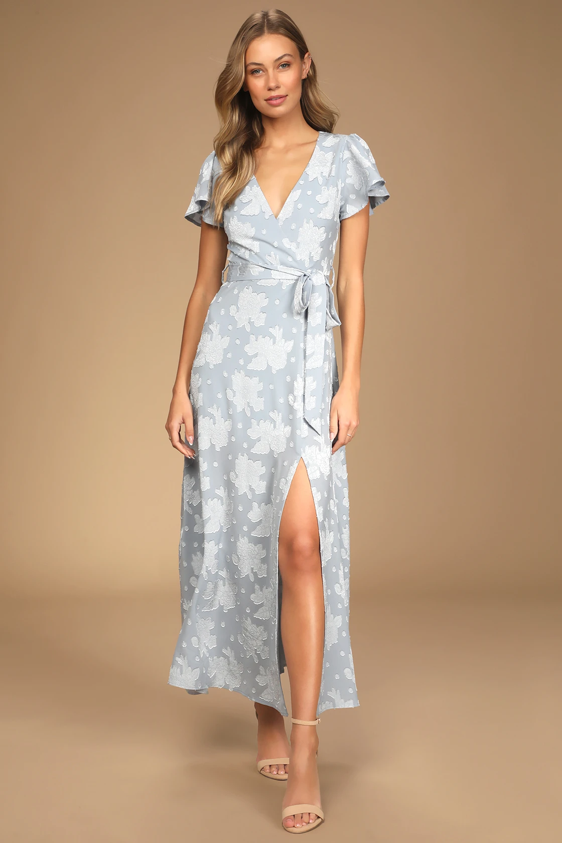 Light Blue Jacquard Short Sleeve Maxi Wedding Guest Dress