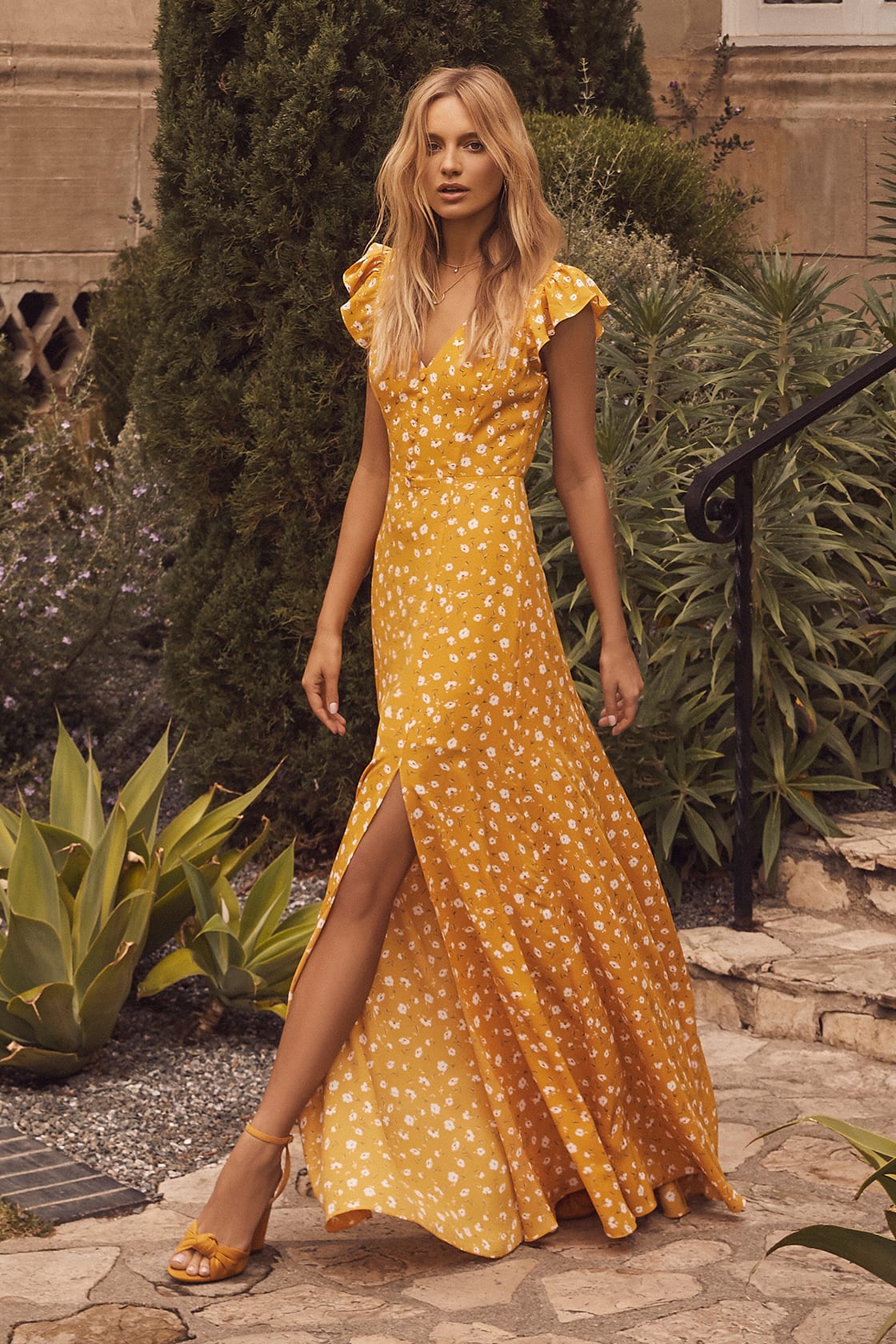 Mustard Yellow Spring Wedding Guest Dress with Floral Print Backless