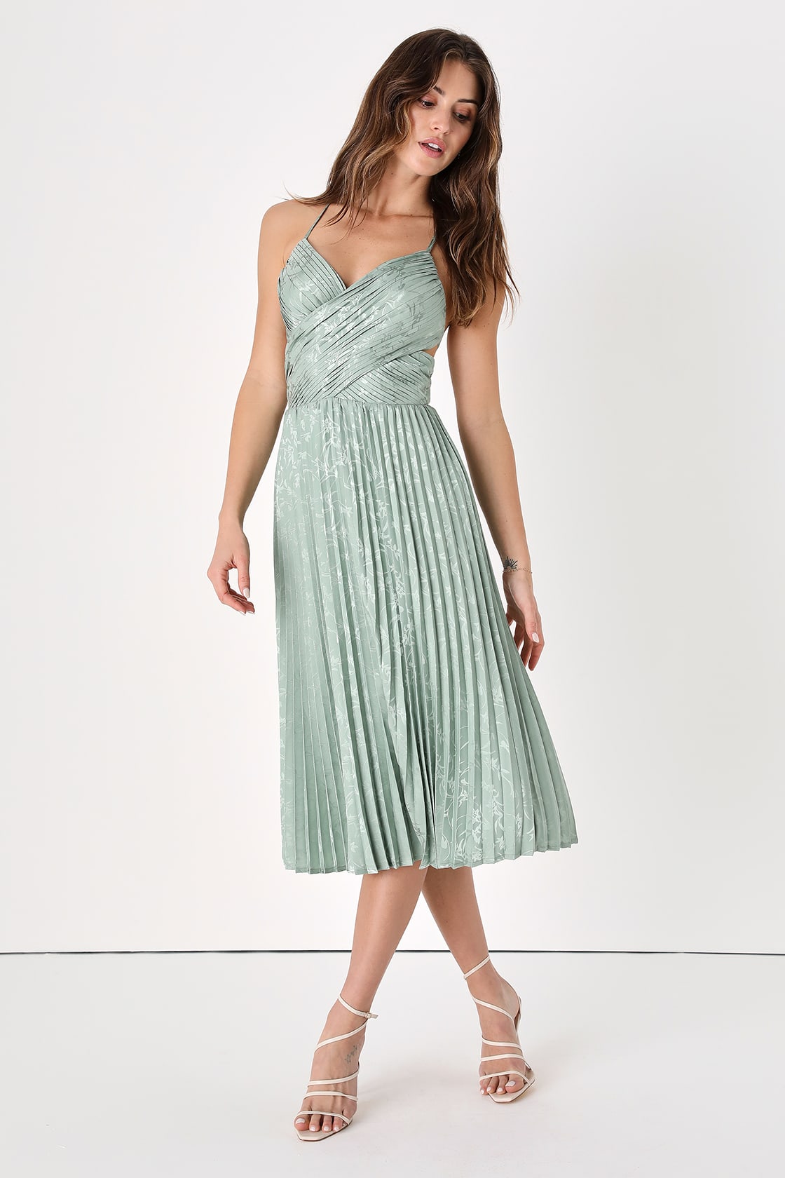 Sage Green Satin Jacquard Pleated Midi Dress for Wedding Guest