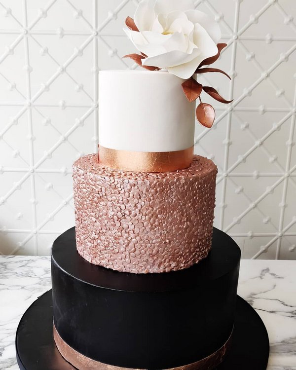 glitter rose gold and black wedding cake