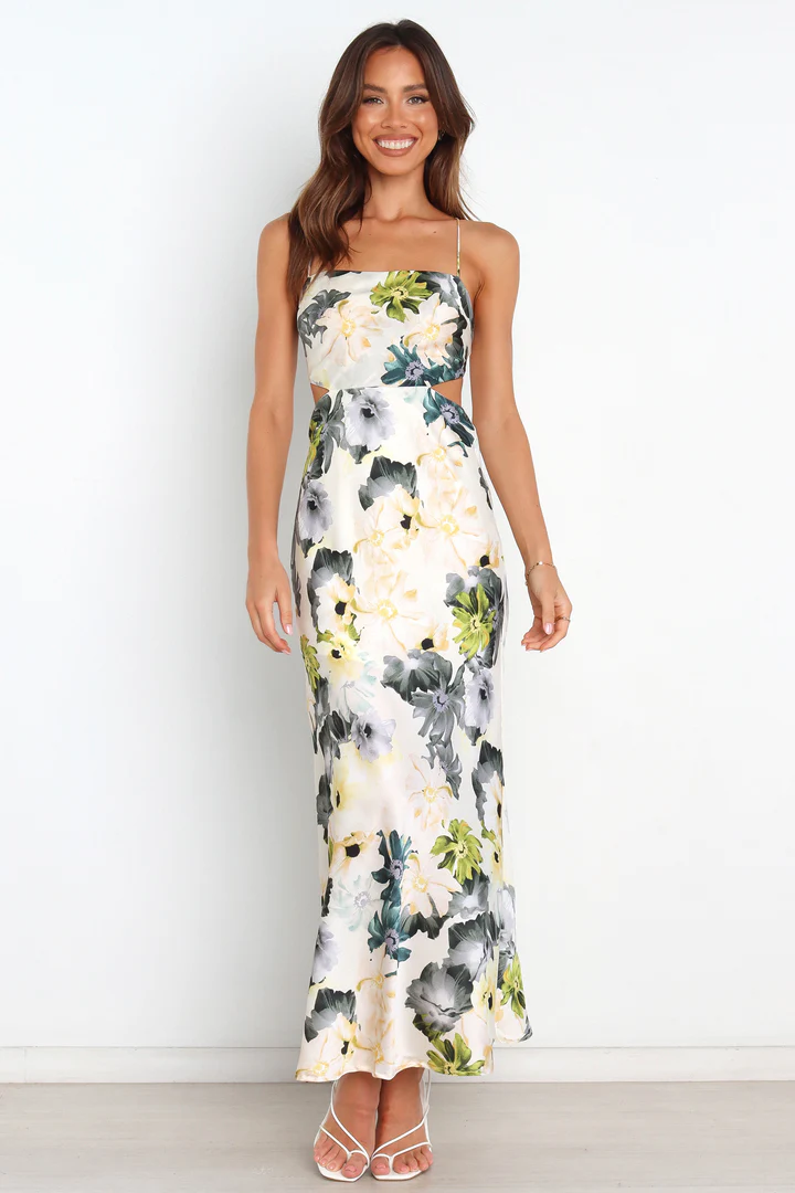 yellow green watercolor floral midi summer wedding guest dress