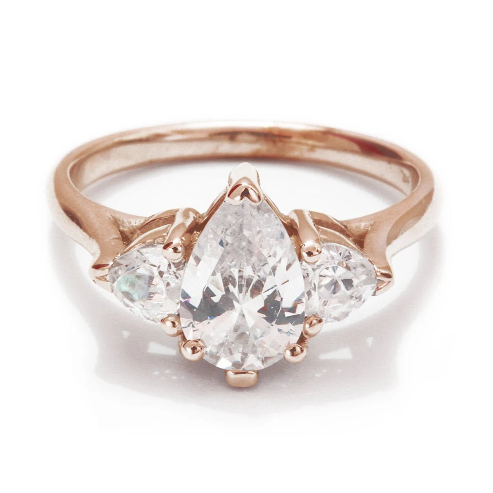 Three Stone Moissanite Rose Gold Engagement Ring Pear Shaped with 2 Hearts Shaped Side