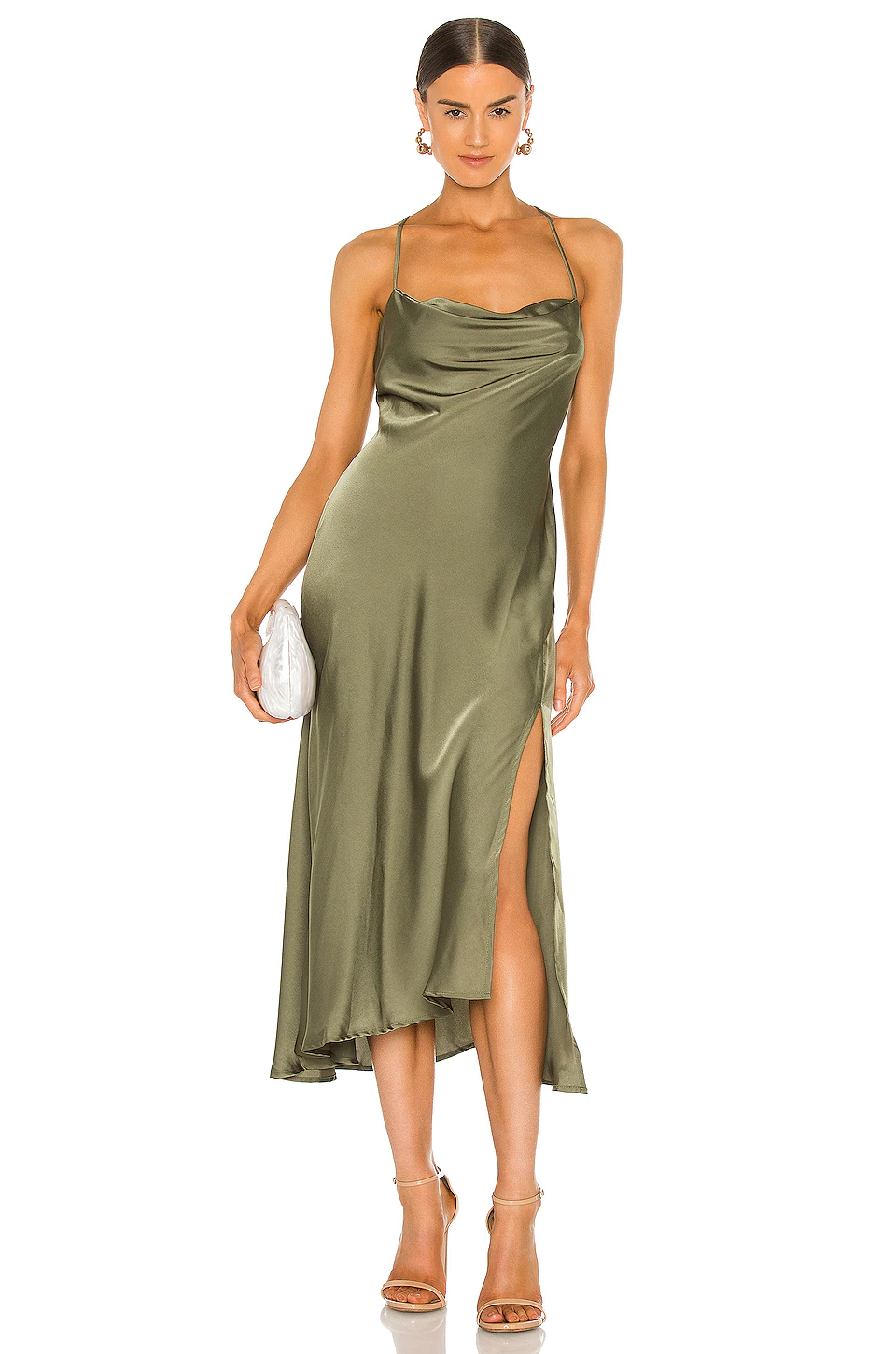 formal olive green stain midi dress for wedding guest