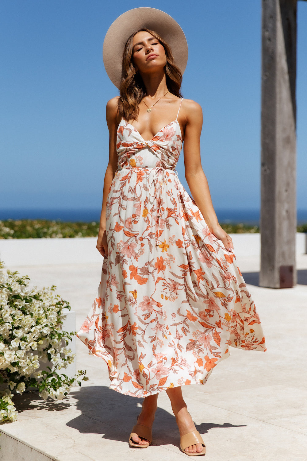 orange floral printed midi wedding guest dresss