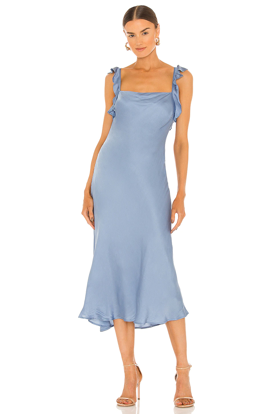 dusty blue satin midi wedding guest dress