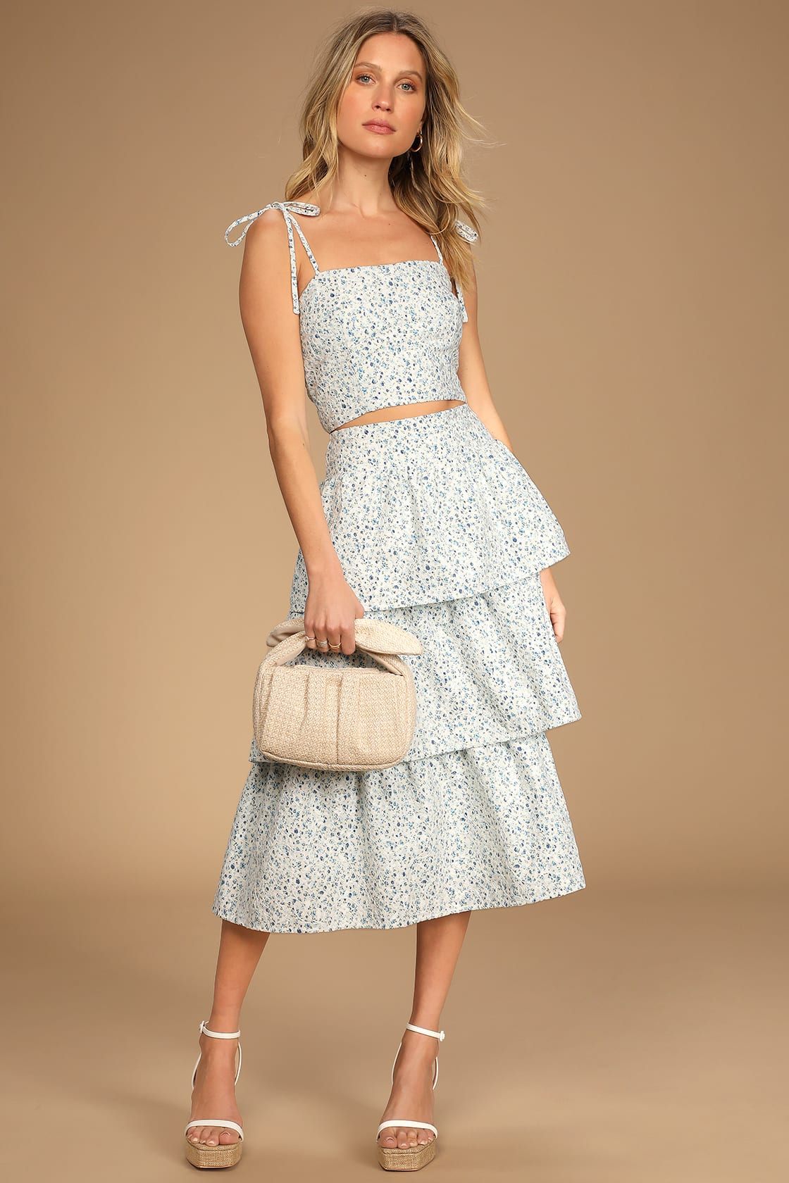 Babe Blue Floral Embroidered Sleeveless Midi Guest Dress for Beach Wedding