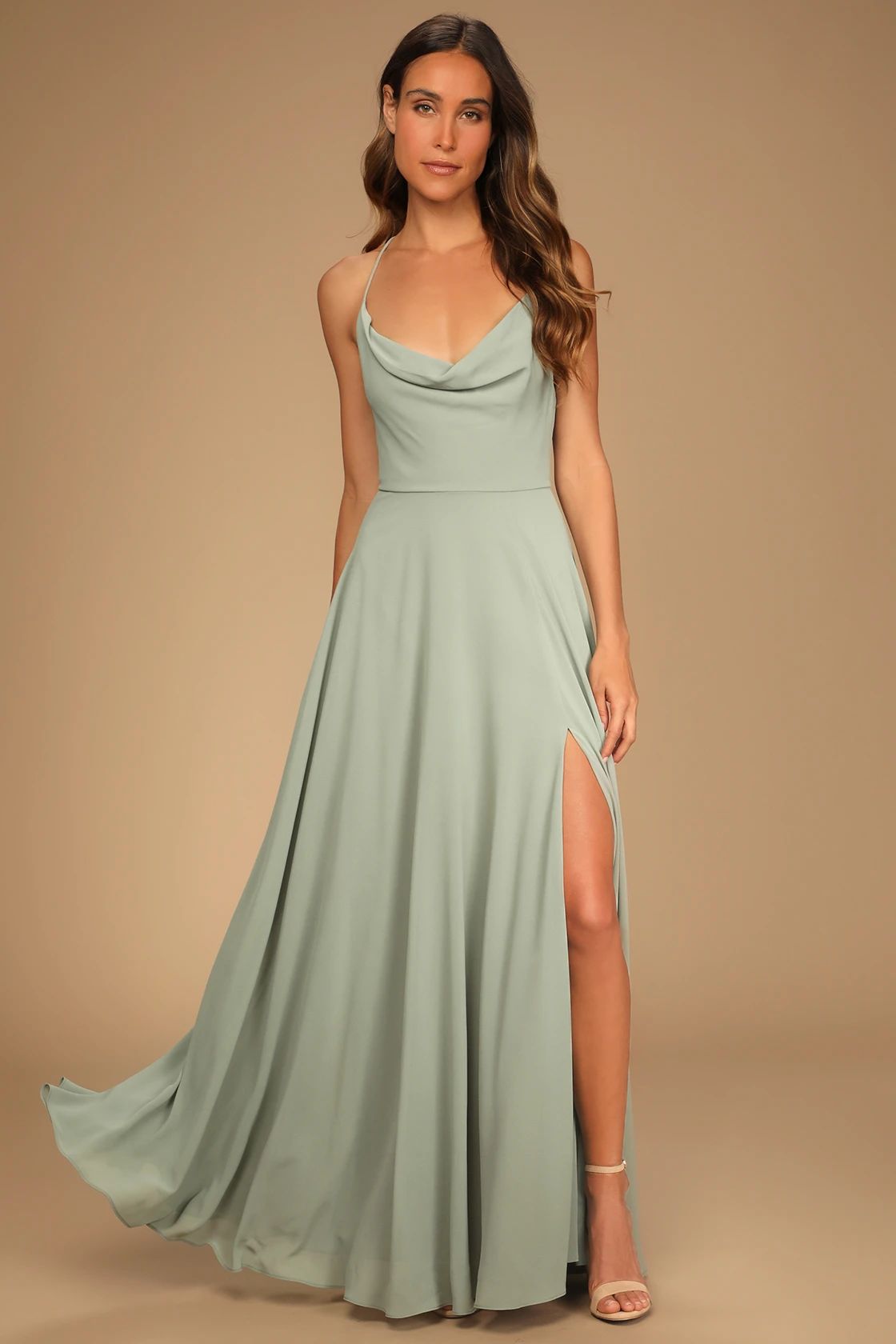 Sage Green Cowl Lace-Up Wedding Guest Dress