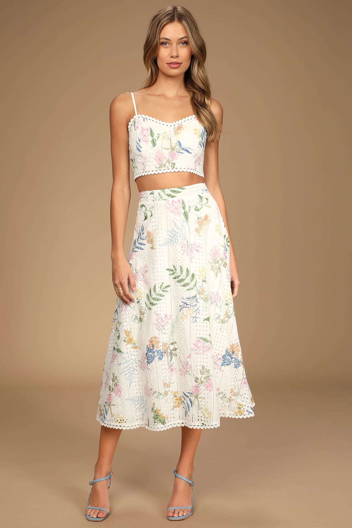 White Floral Embroidered Two-Piece Midi Beach Wedding Guest Dress