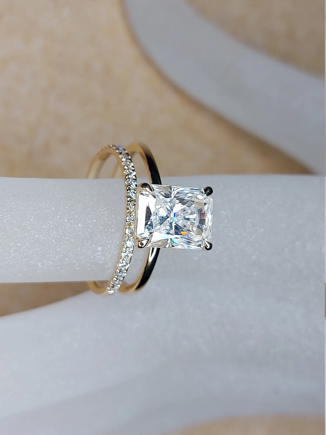 3Ct Radiant Cut Wedding Set in Yellow Gold Crushed Ice image 1
