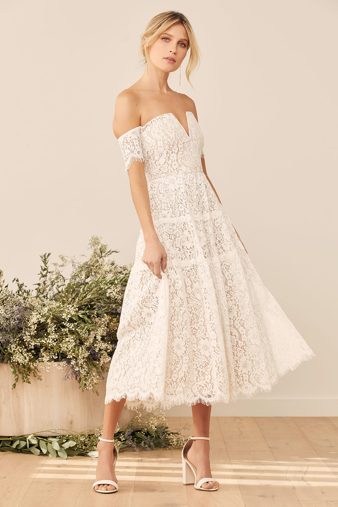 White Lace Off-the-Shoulder Midi Bridal Shower Dress