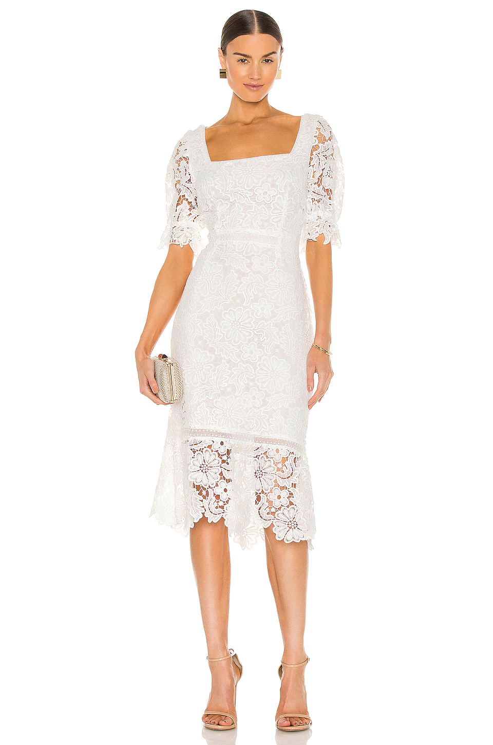 white square lace bridal shower dress with cap sleeves