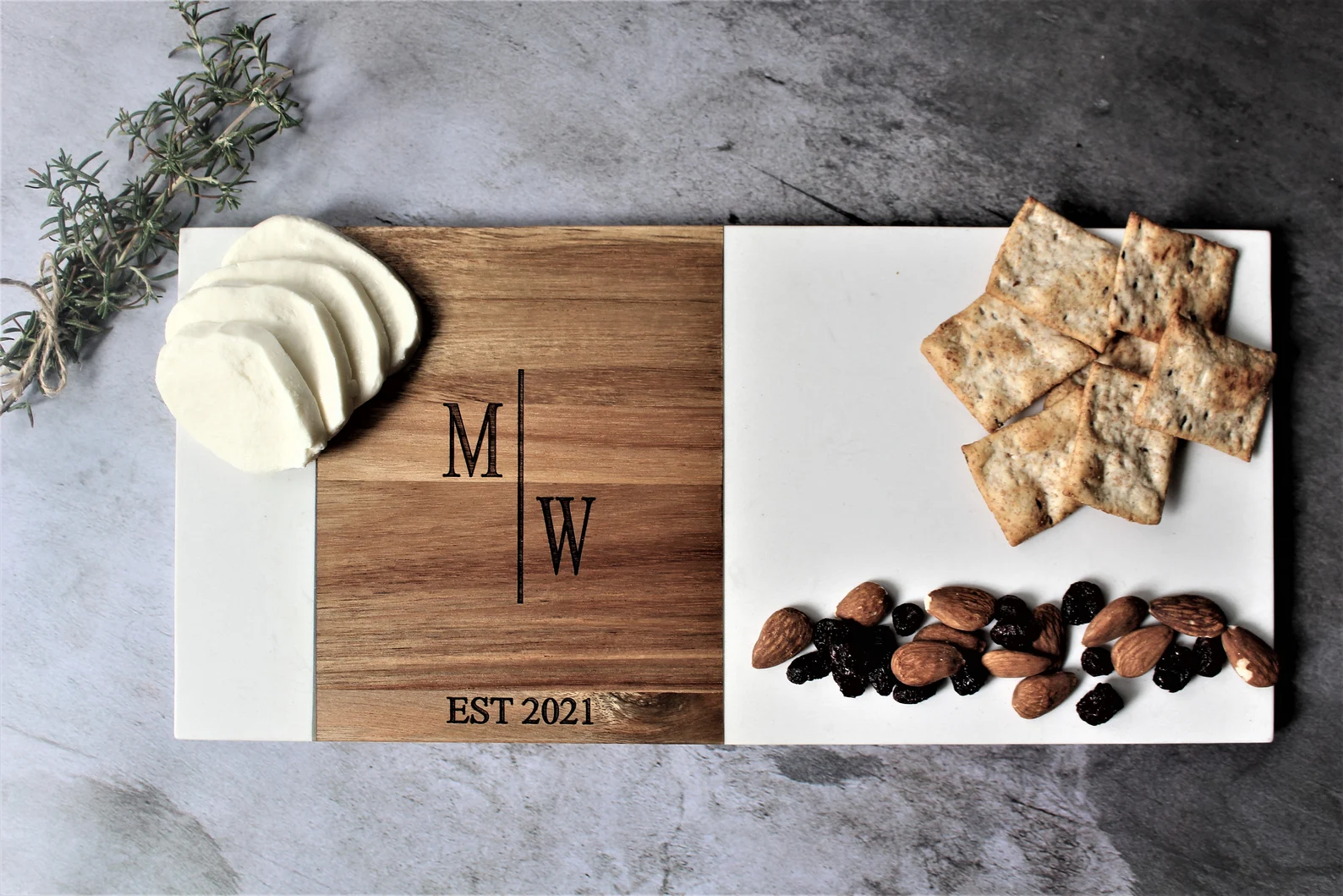 Minimalist Personalized Marble & Wood Charcuterie Cheese Serving Board For Bridal Shower Wedding