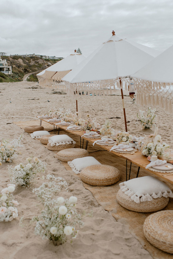 bridal shower theme idea bohemian all white beach picnic