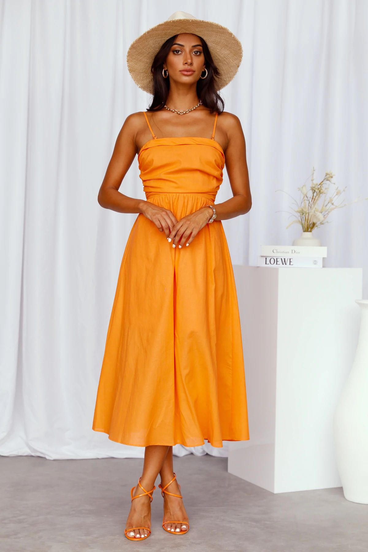 sun orange aline midi wedding guest dress