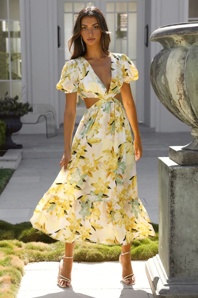 yellow and green printed midi wedding guest dress