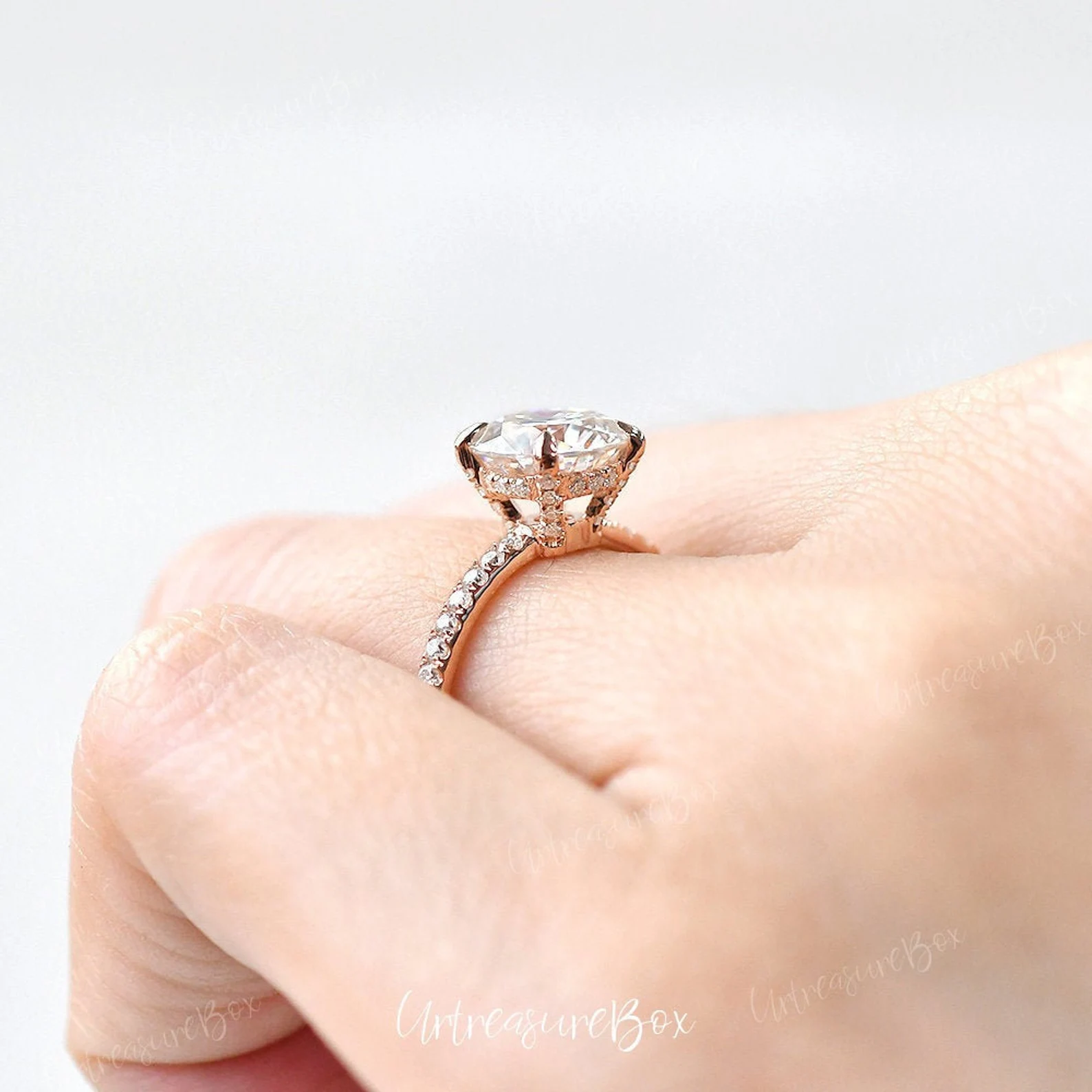 Rose Gold Lab Grown Diamond Solitaire Hidden Halo Diamond Engagement Ring