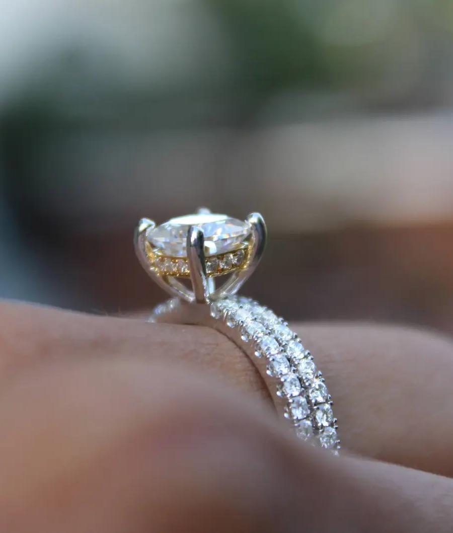 Hidden Halo Engagement Ring 14k Two Tone Gold Moissanite Diamond
