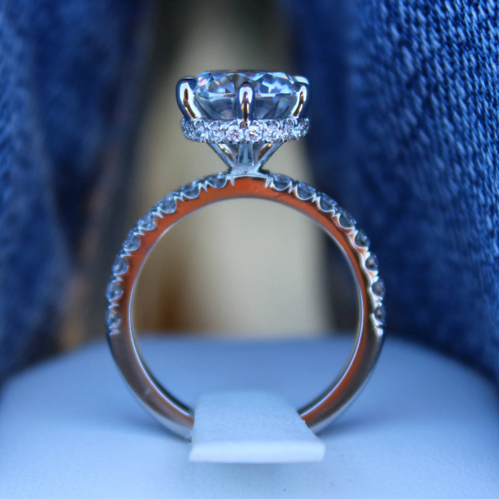 Hidden Halo Engagement Ring 14k White Gold 3 Carat Round Moissanite and Diamond