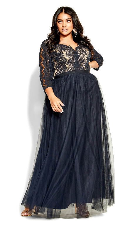 Plus Size Navy Lace and Tulle Maxi Dress for Wedding Guest