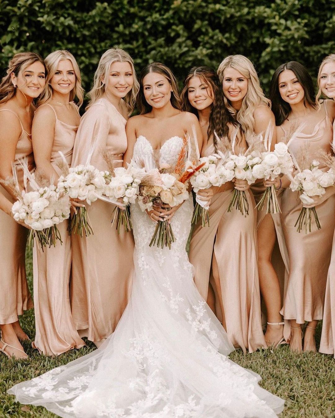 Rose champagne satin bridesmaids dresses