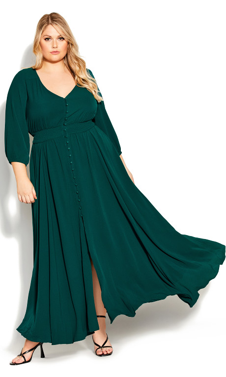 dark hunter green long sleeve plus size maxi dress for wedding guest