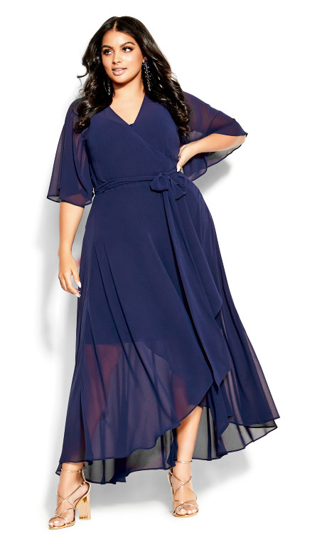 deep blue v-neck plus size dress for wedding guest with 34 sleeves