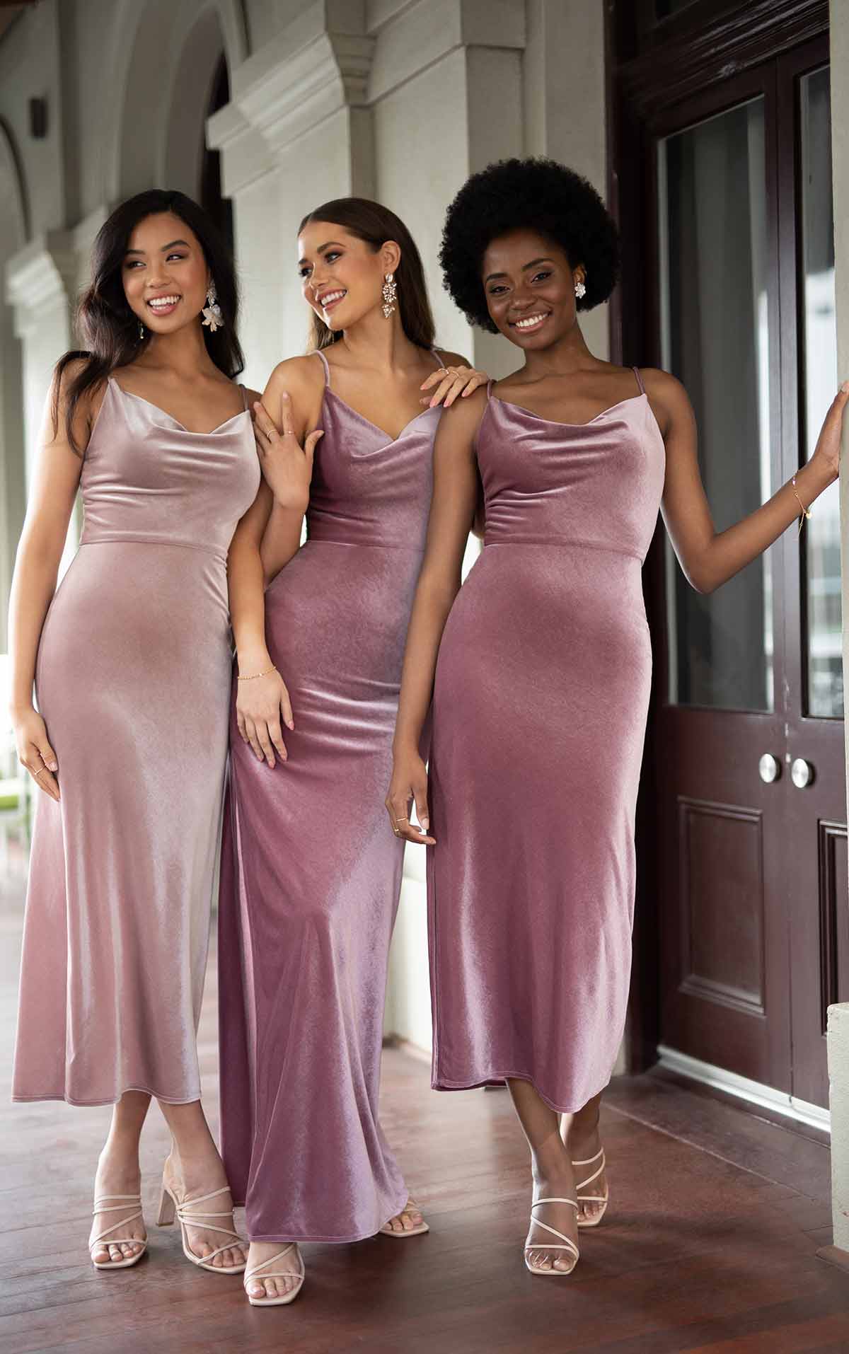 purple velvet midi bridesmaids gowns Sorella Vita