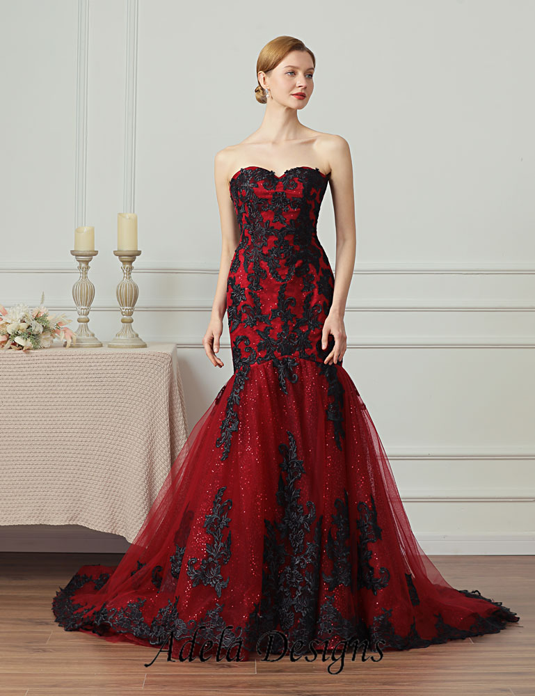 Gothic Black and Red Wedding Dresses Off the Shoulder A Line Bridal Ball  Gowns | eBay