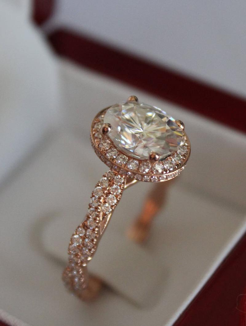 Double Edge Halo Pave Braided Band Rose Gold Oval Engagement Ring