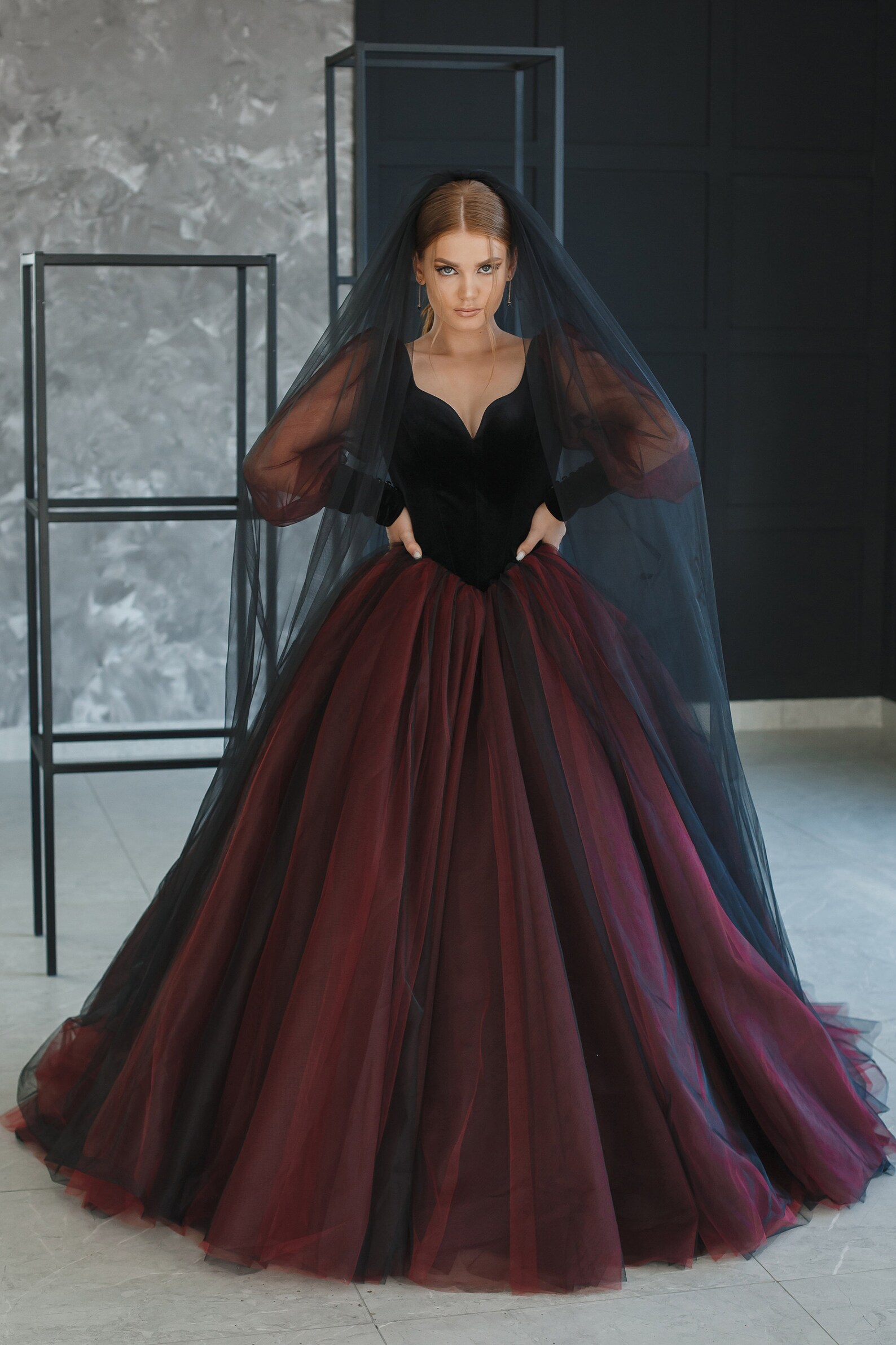 Gothic Long Sleeve Black and Red Wedding Dress