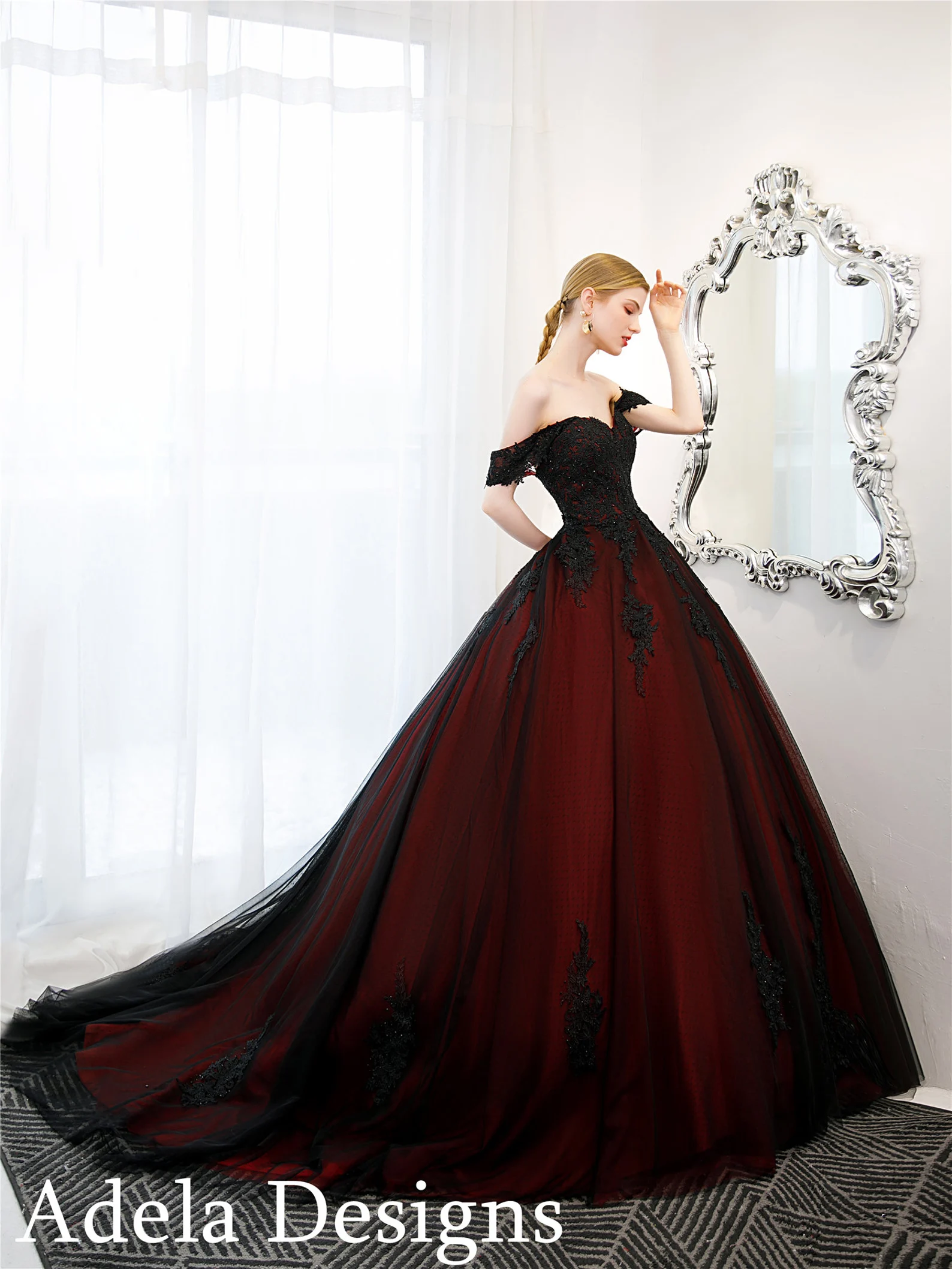 Off The Shoulder Black And Dark Red Gothic Wedding Dress