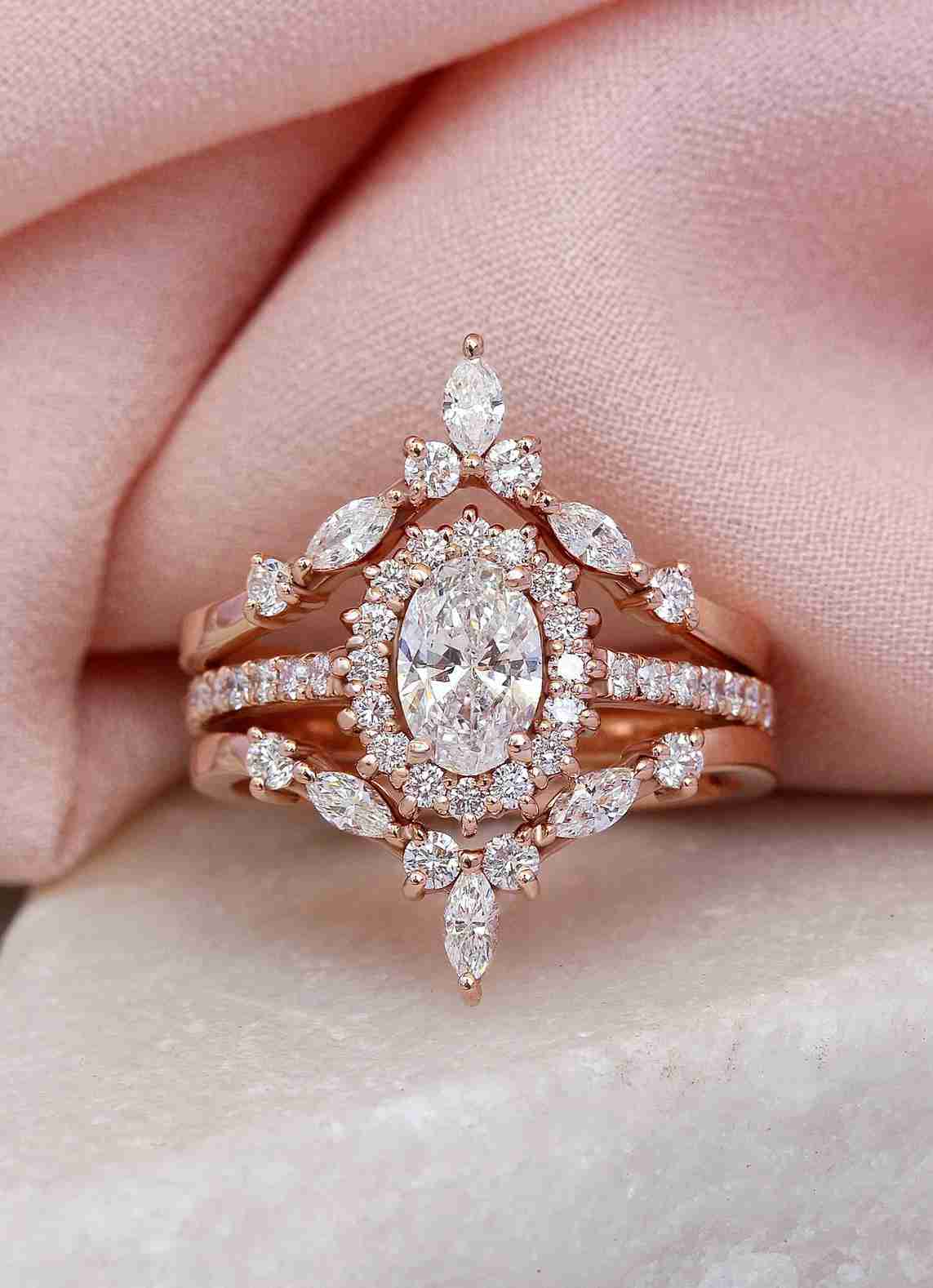Oval Moissanite Halo Engagement Wedding Rings Set