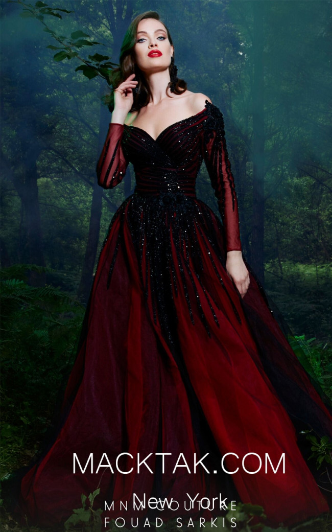 Off-shoulder Long Sleeve Black Lace Top Red Ball Gown - VQ